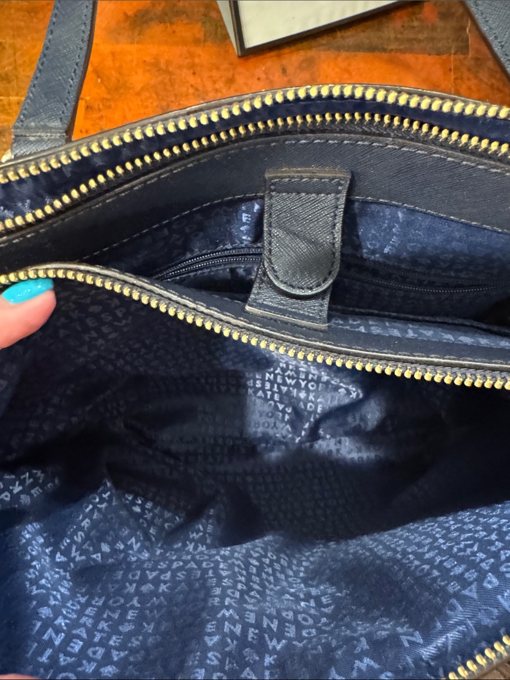kate spade navy tote with brown and cream dog charm - Picture 8 of 15